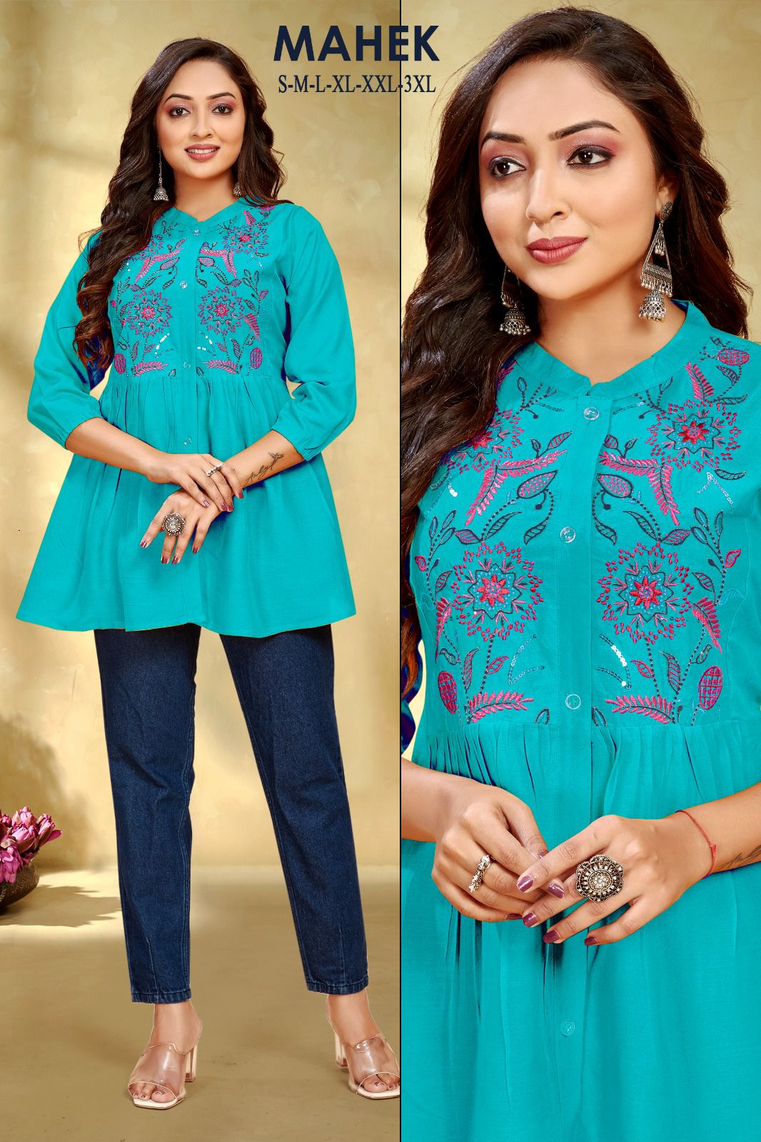 Mahek 01 Designer Rayon Embroidery Ladies Top Wholesale Market In Surat
